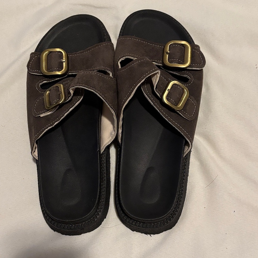 SHEIN Brown Double Buckle Sandals